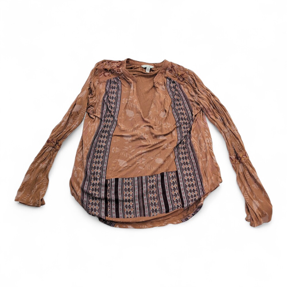 Lucky Brand Brown Boho Mixed-Print Long Sleeve Top -‎ S